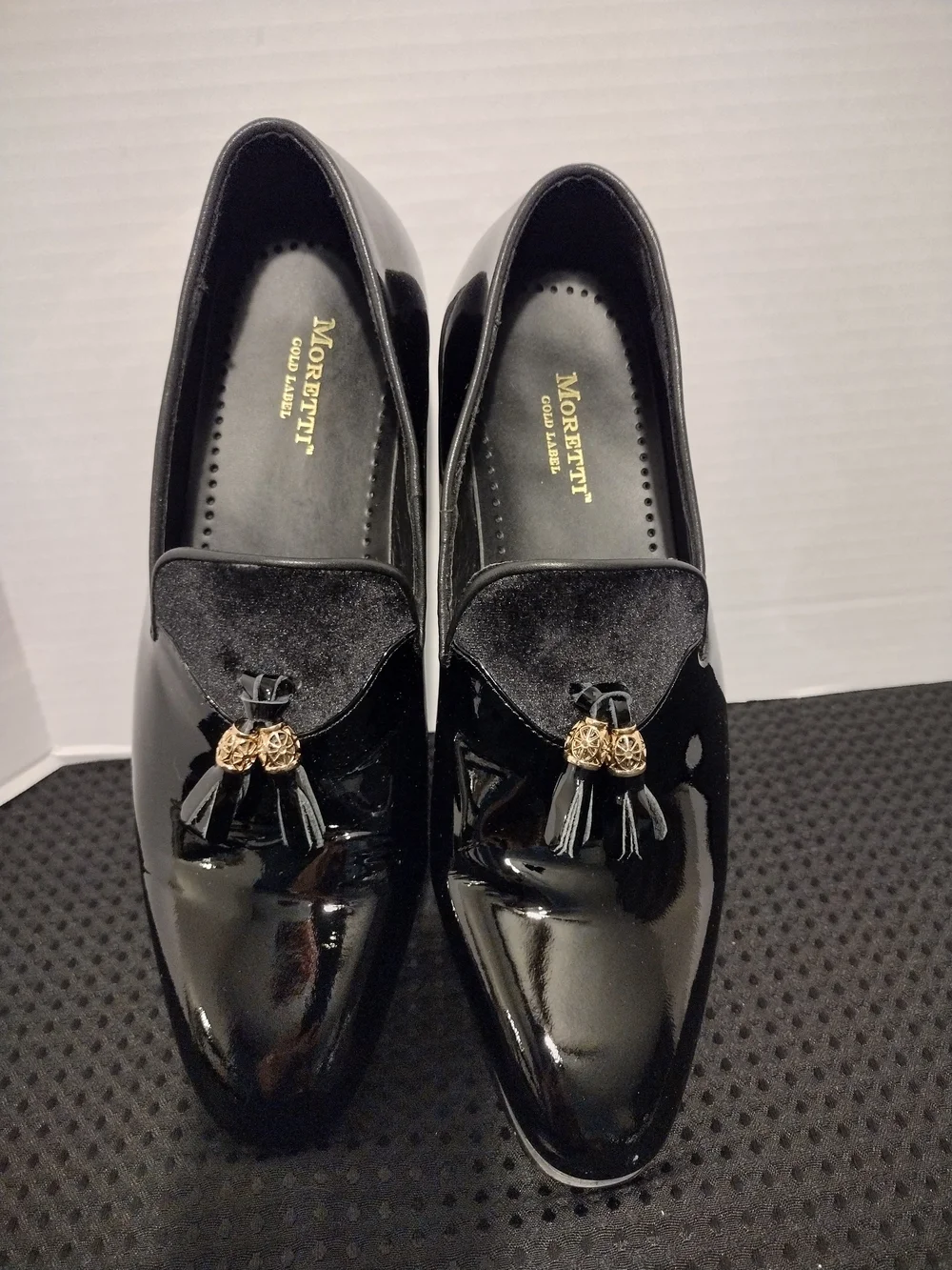 Black Patent Moretti Gold Label Tassel Loafers for Men 9 J Blade tie included